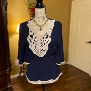 Blue Shirt with Crochet Detail